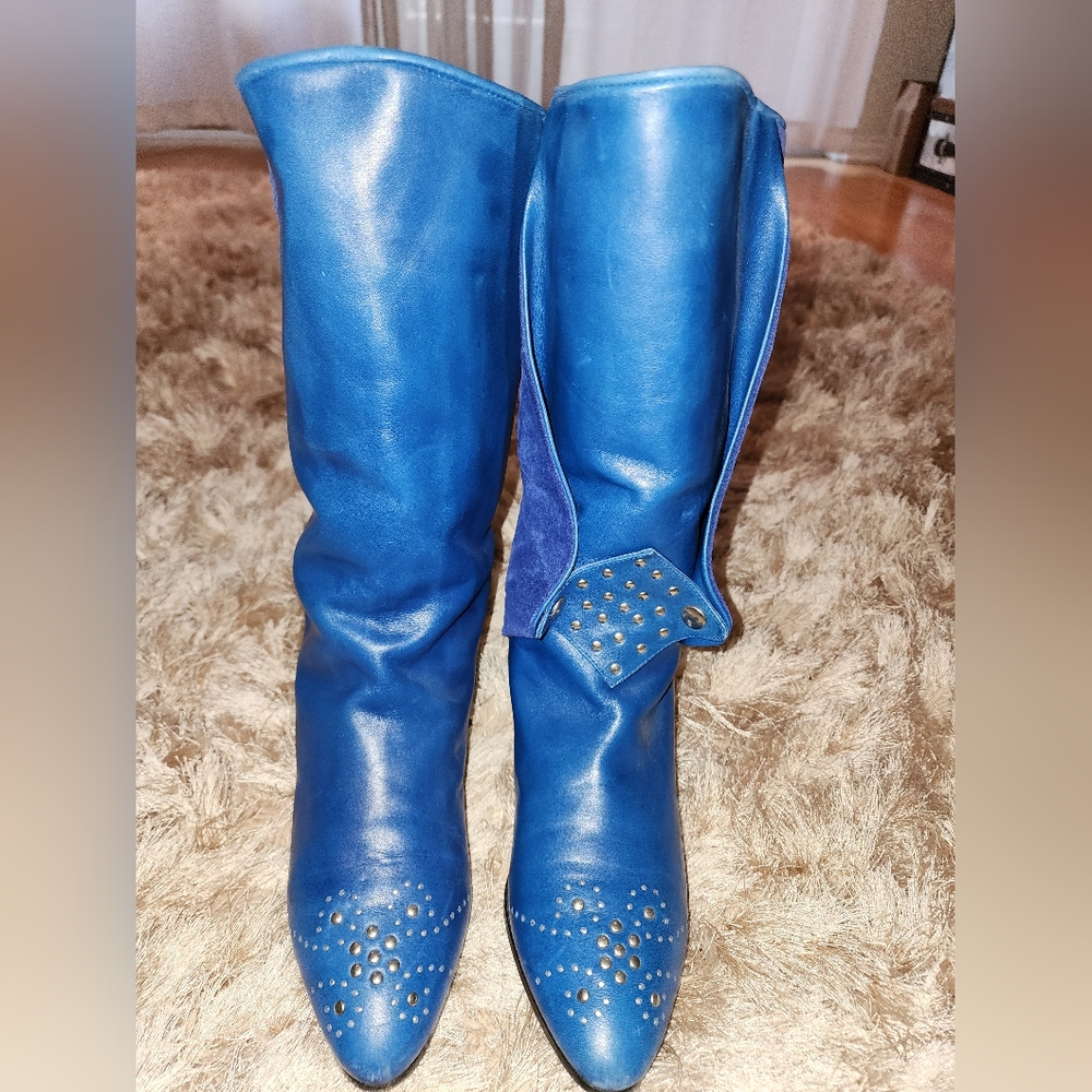 Vintage Cobalt Blue Italian Leather/Suede Boots Size 39
